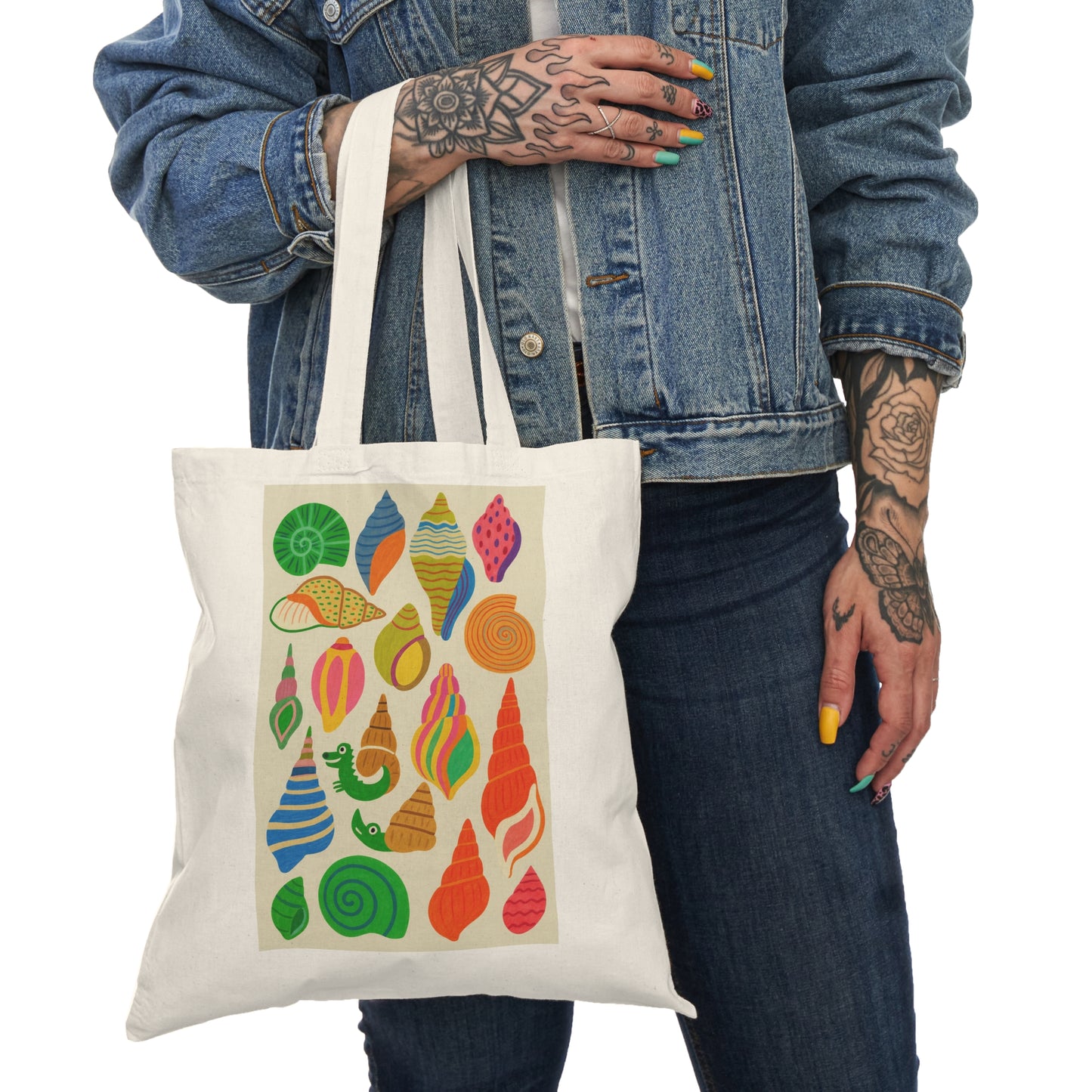 Natural Tote Bag with Colorful Shells, Summer Use
